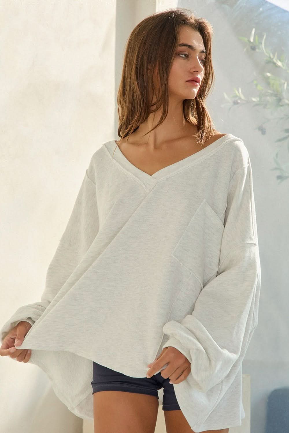 Amber Grey Oversized V Neck Sweatshirt