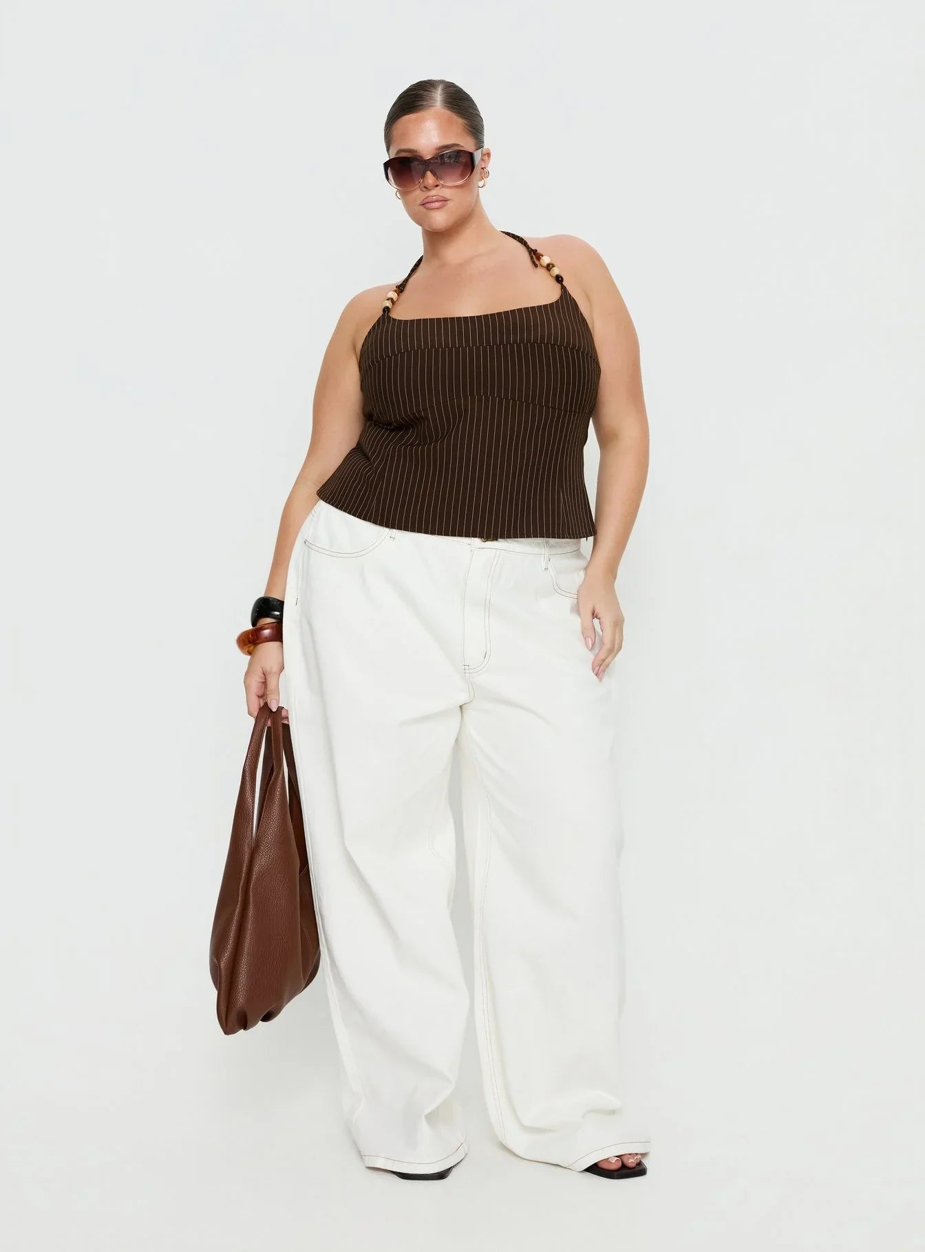 Cherise Bead Detail Top Brown Pinstripe Curve