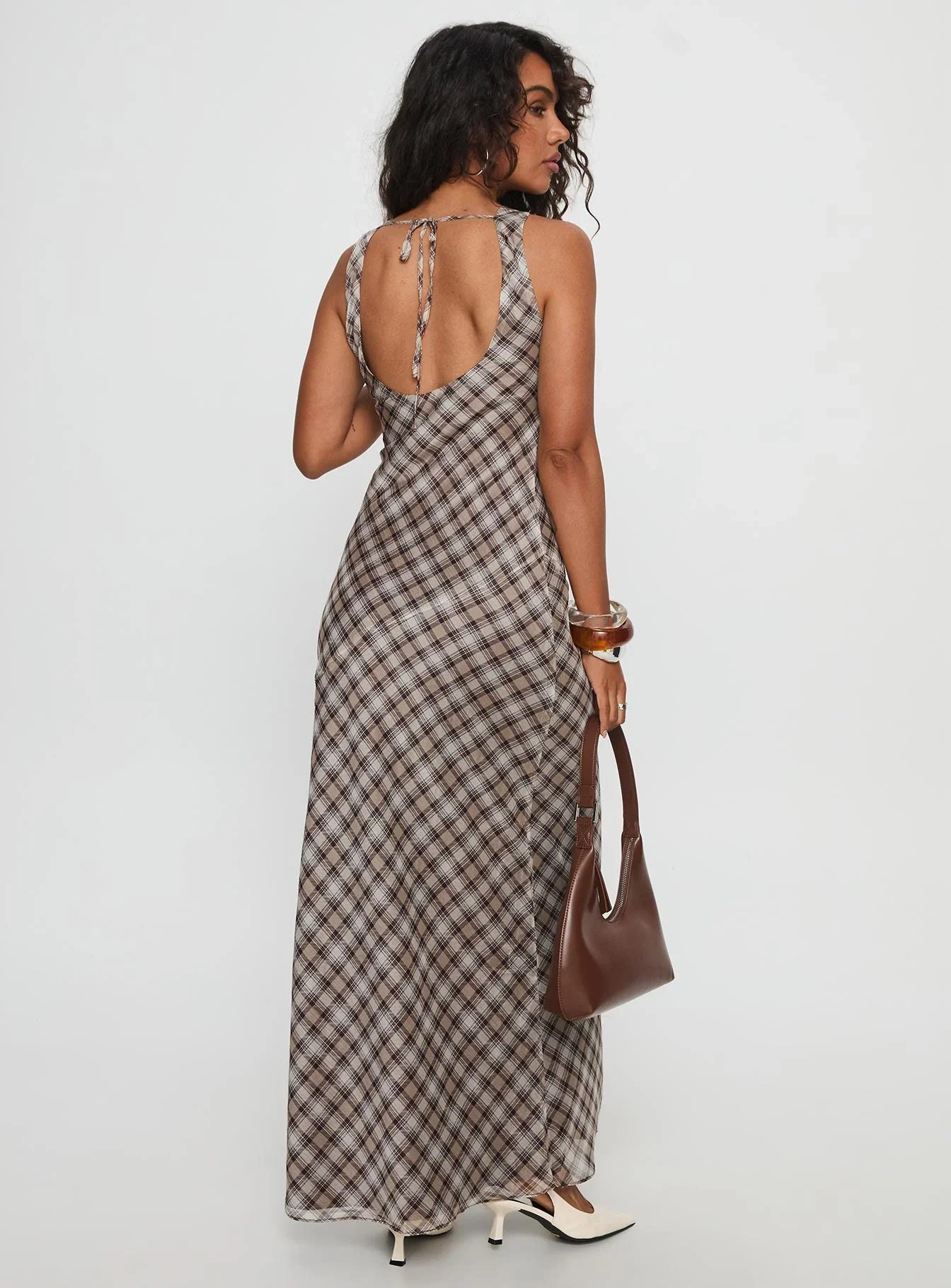 Veida Cowl Neck Maxi Dress Brown Check