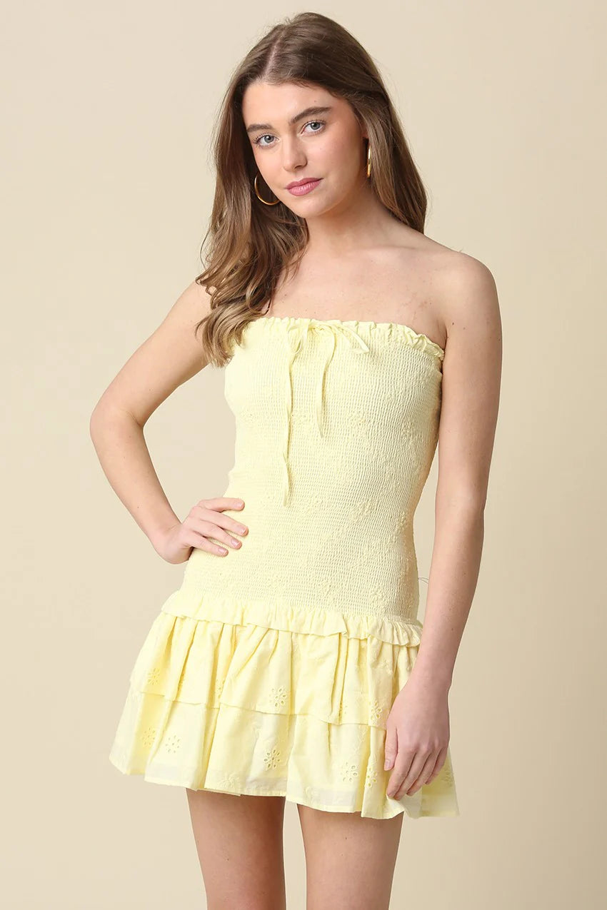 Aimee Yellow Eyelet Strapless Mini Dress