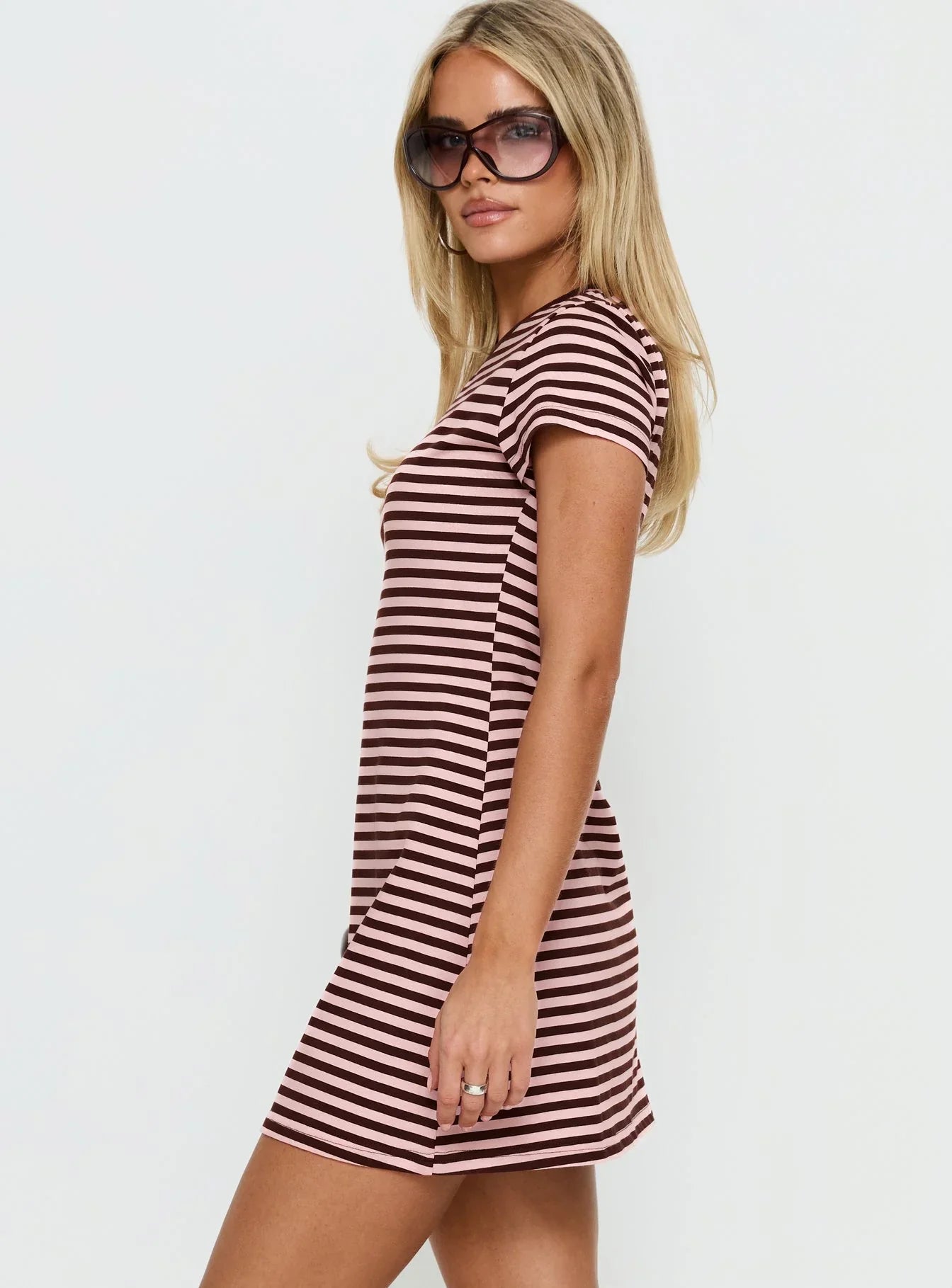 Settle Down Short Sleeve Mini Dress Pink Brown Stripe