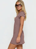 Settle Down Short Sleeve Mini Dress Pink Brown Stripe