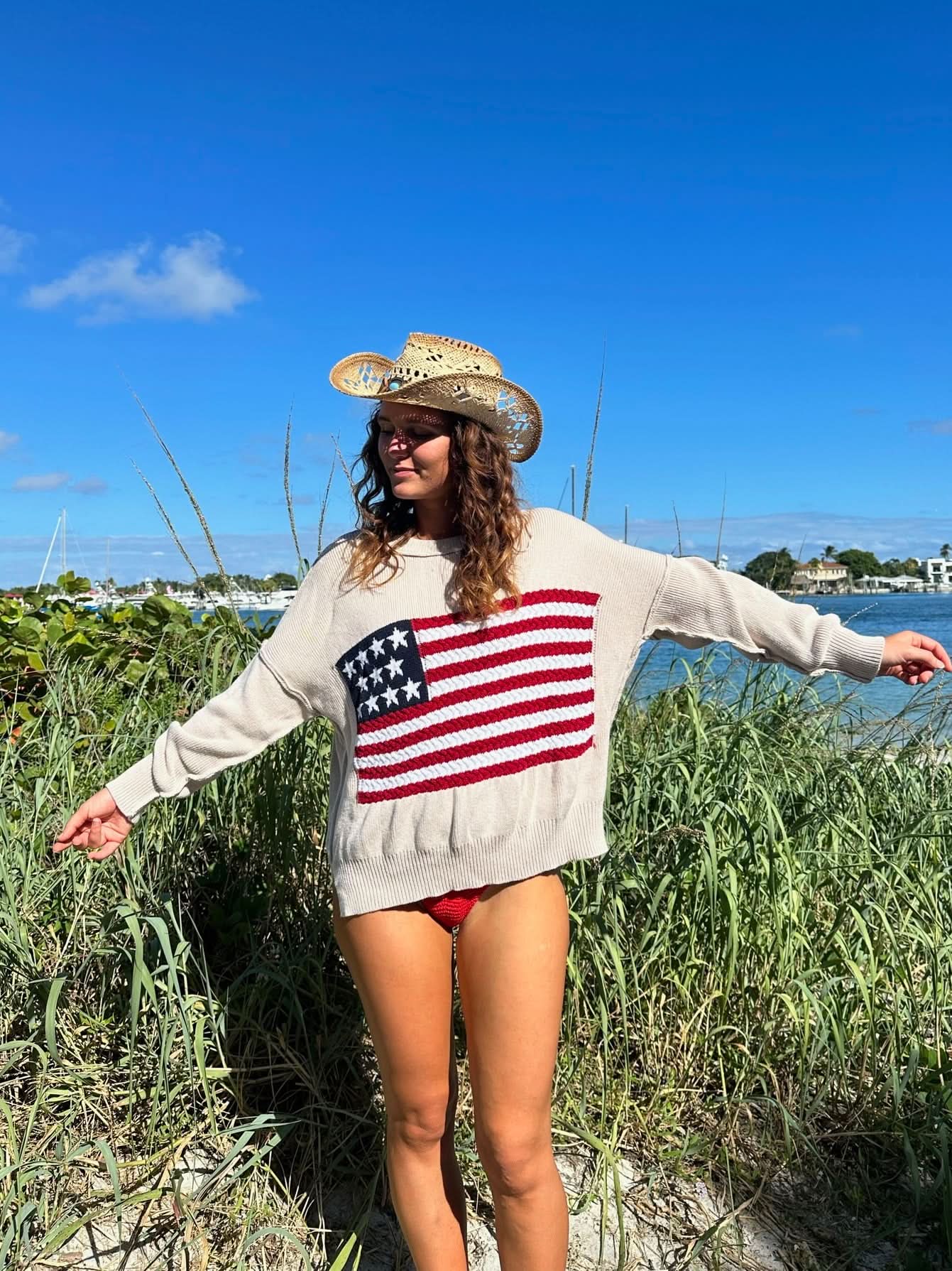 Land of Free Beige Oversized American Flag Sweater