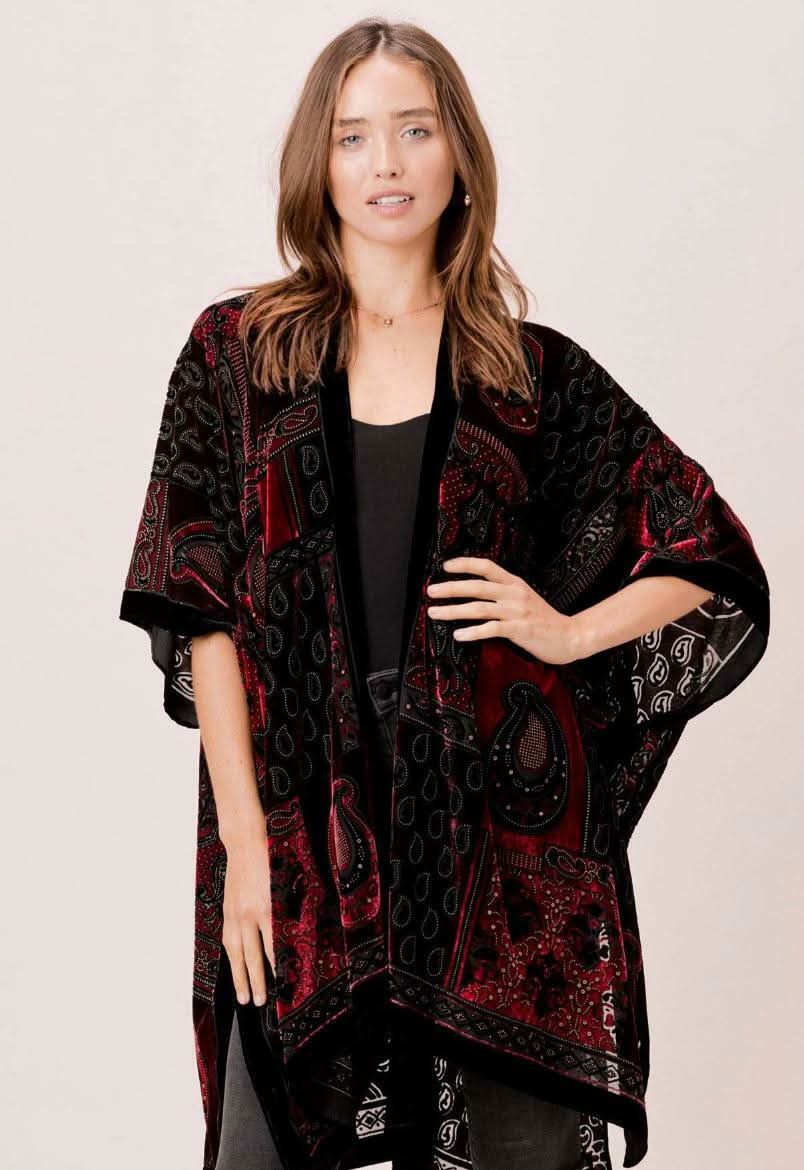 Natalia Burgundy Paisley Burnout Velvet Kimono