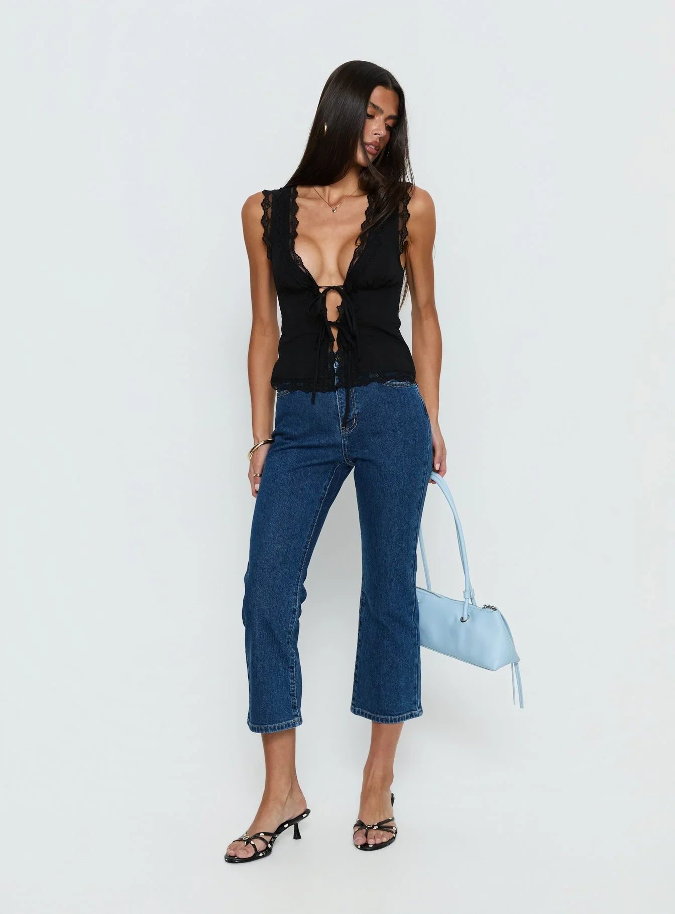 Kerena Lace Trim Tie Front Blouse Top Black
