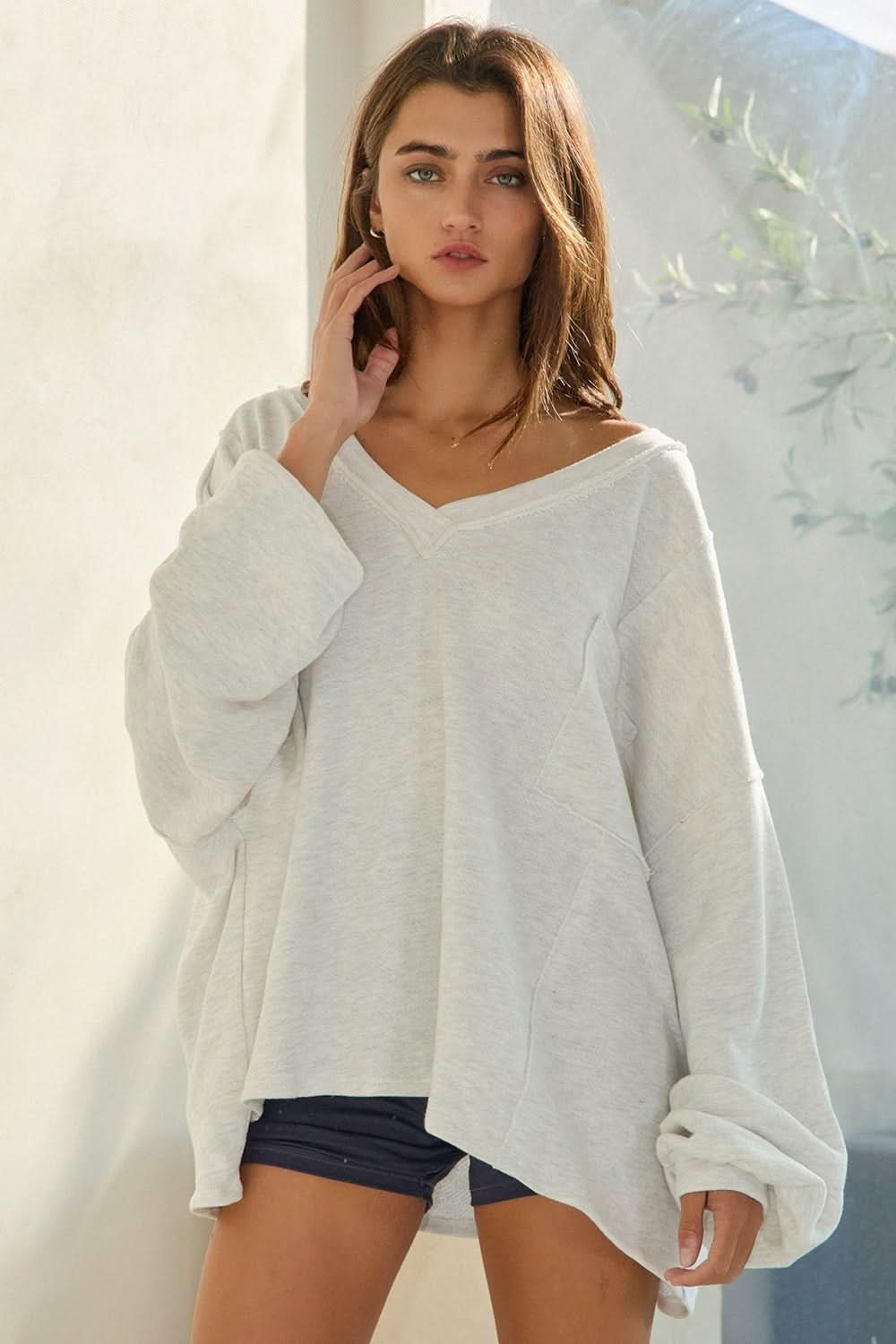 Amber Grey Oversized V Neck Sweatshirt