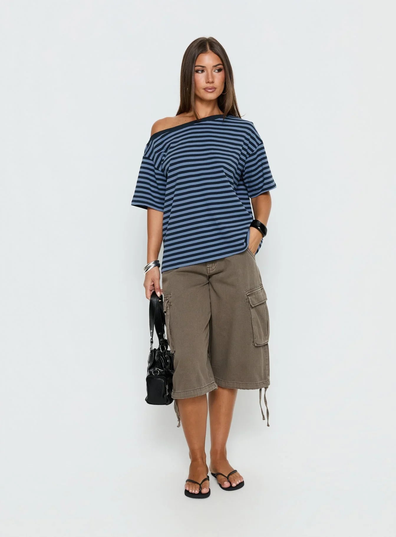 Settle Down One Shoulder Top Blue Stripe