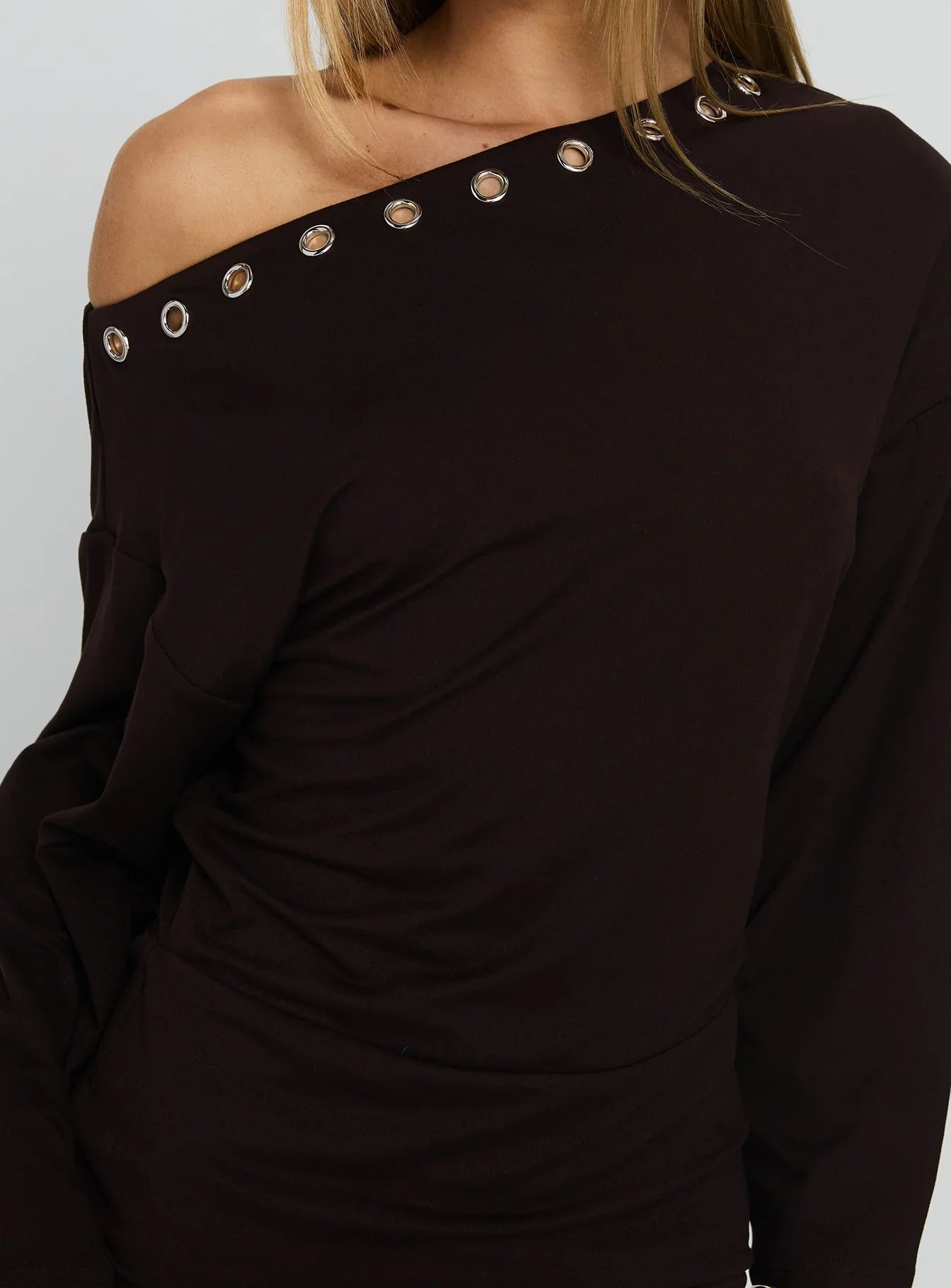 Sakaia Long Sleeve Eyelet Mini Dress Brown