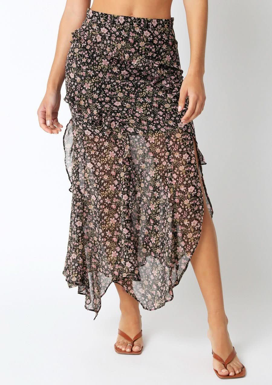 Olivia Black Floral Print Midi Skirt