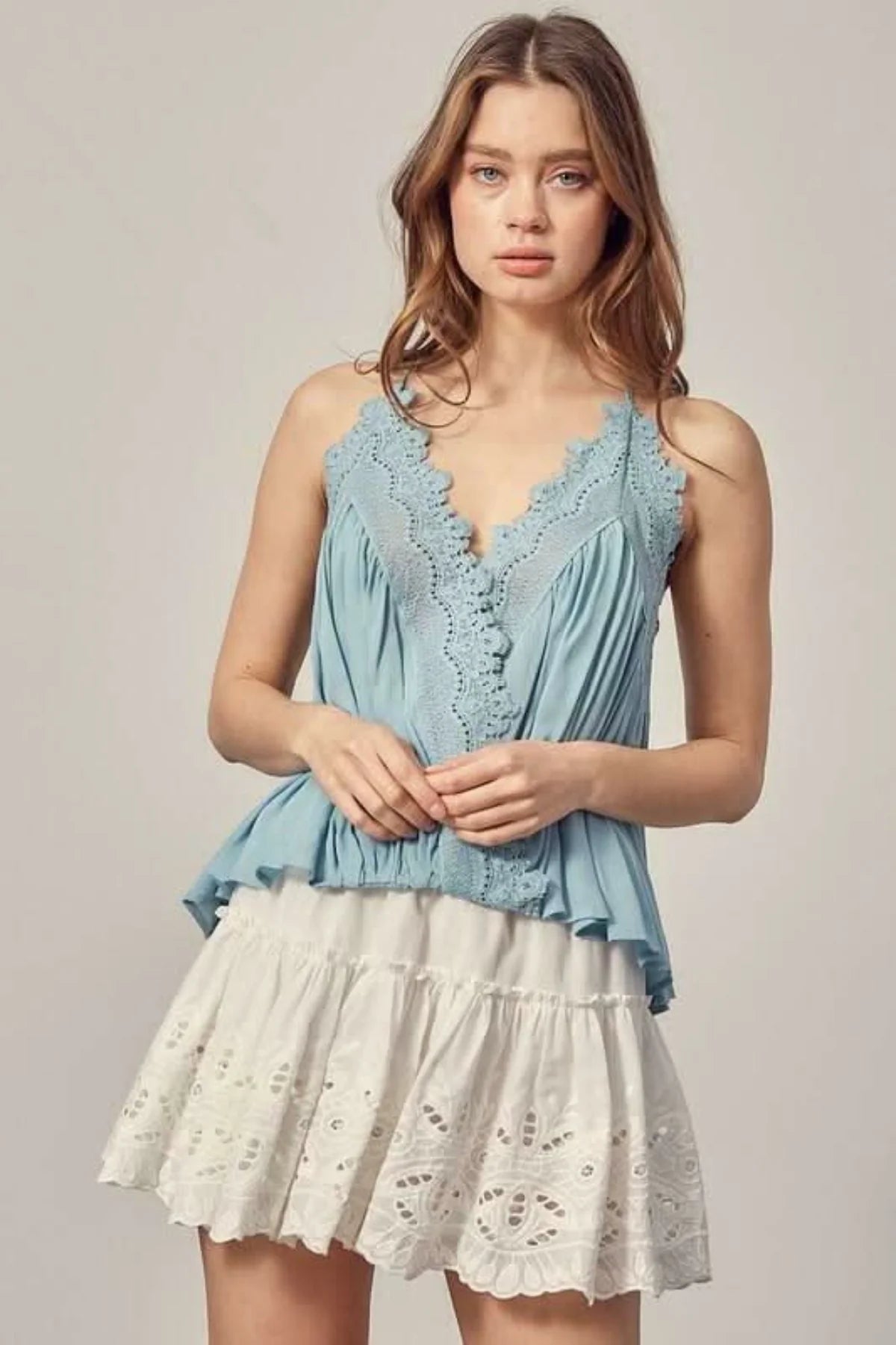 Everything Sweet Foam Blue Lace Trim Tank Top