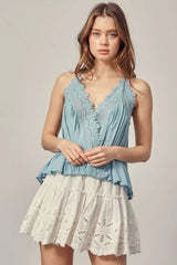 Everything Sweet Foam Blue Lace Trim Tank Top