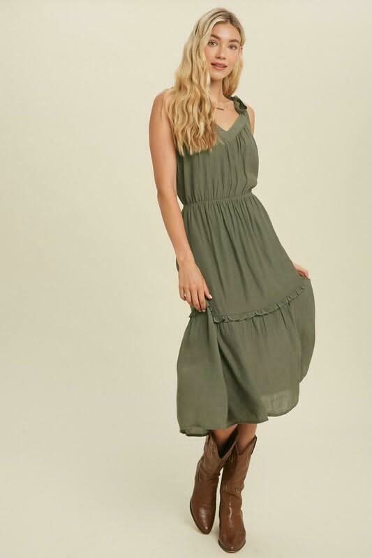 Why Wait Olive Tie Strap Midi Dress