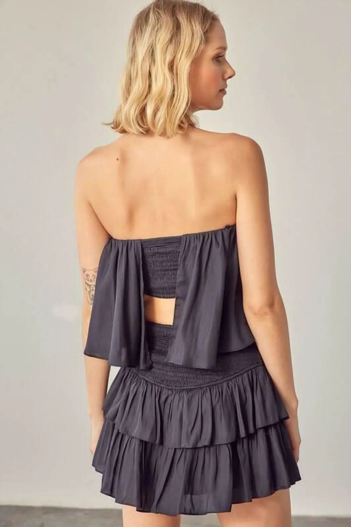 Monaco Vintage Black Strapless Ruffle Romper