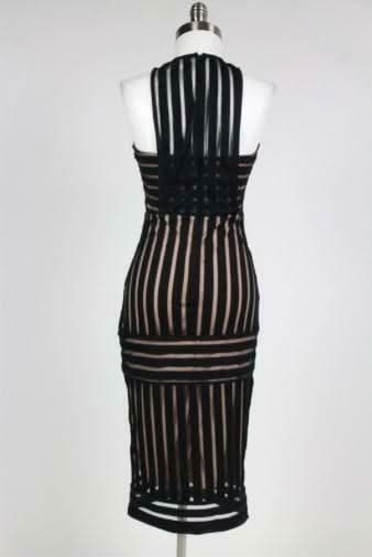 Rules of Intent Sheer Striped Black Body Con Midi Dress