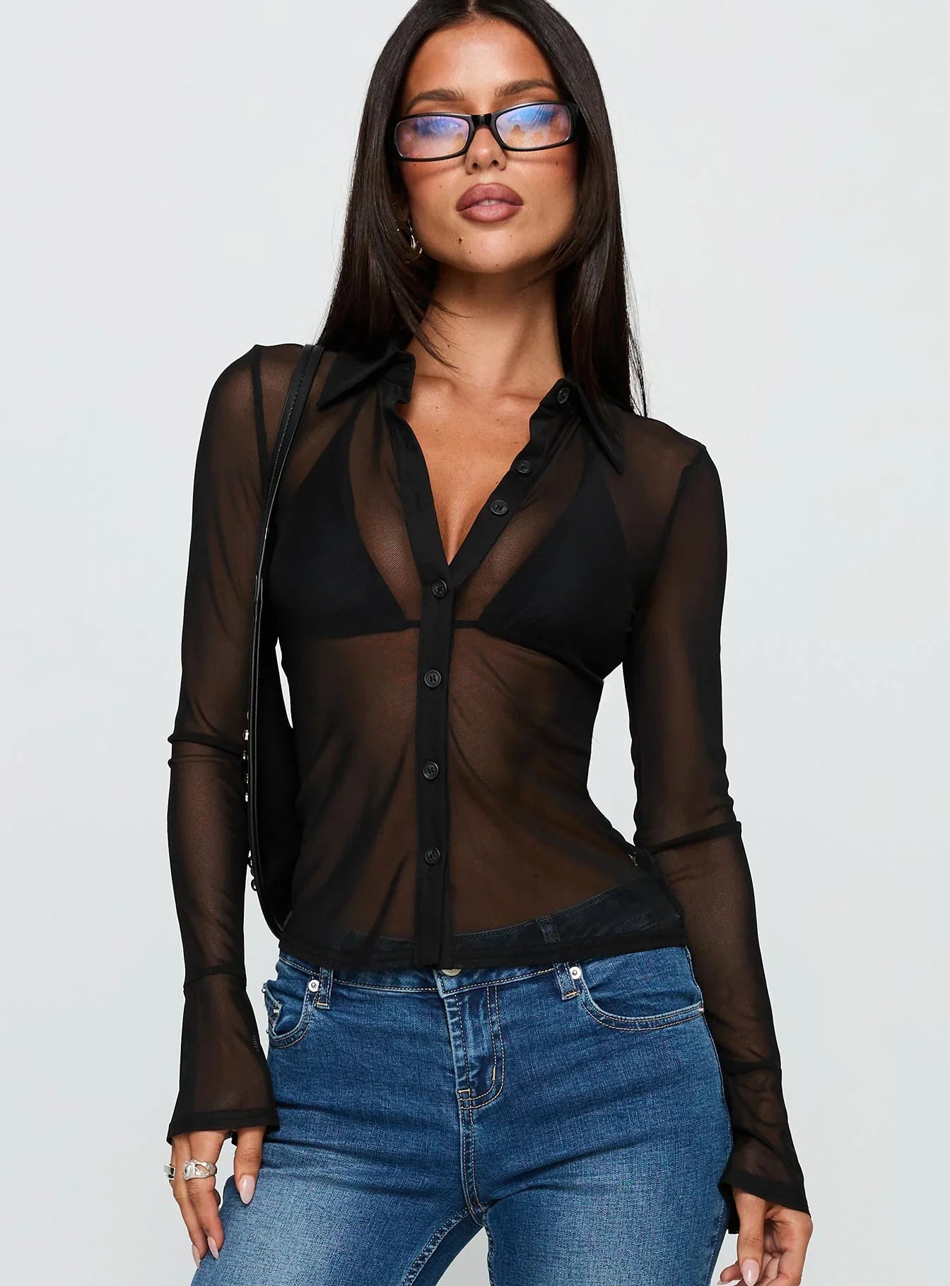 Two Of Us Sheer Long Sleeve Top Black