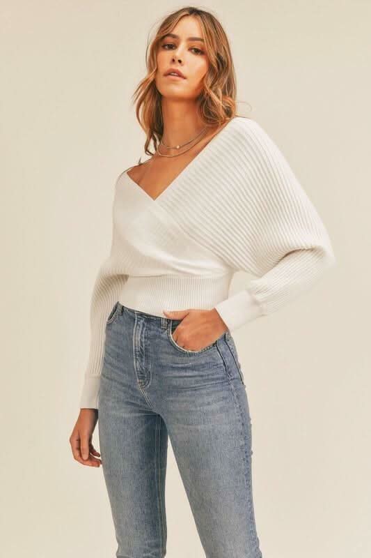 Natasha White Ribbed Surplice Cropped Sweater