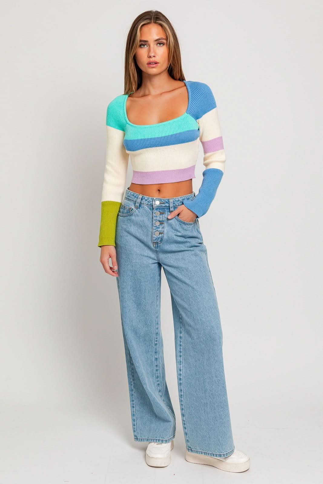 On Repeat Aqua Colorblock Cropped Sweater
