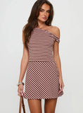 My Fun Off Shoulder Jersey Mini Dress Pink Brown Stripe