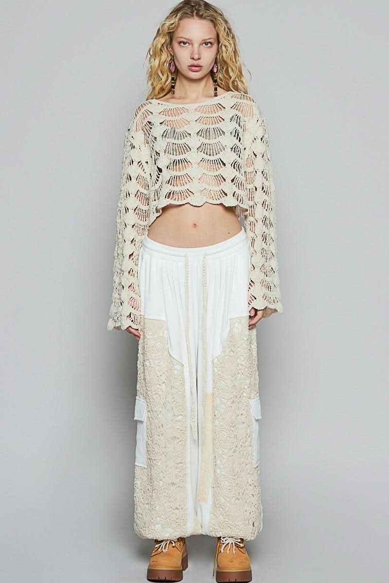 Janine Beige Long Sleeve Crochet Crop Top