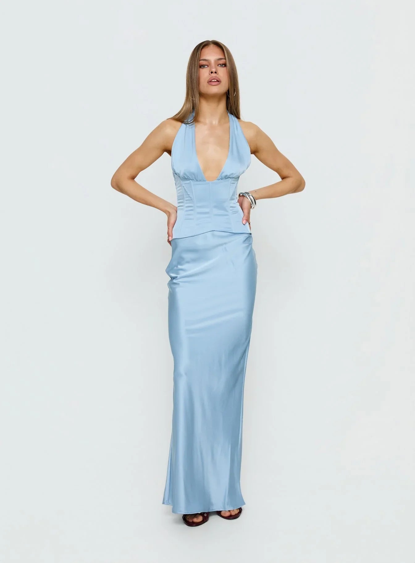 In A Trance Halter Corset Maxi Dress Blue