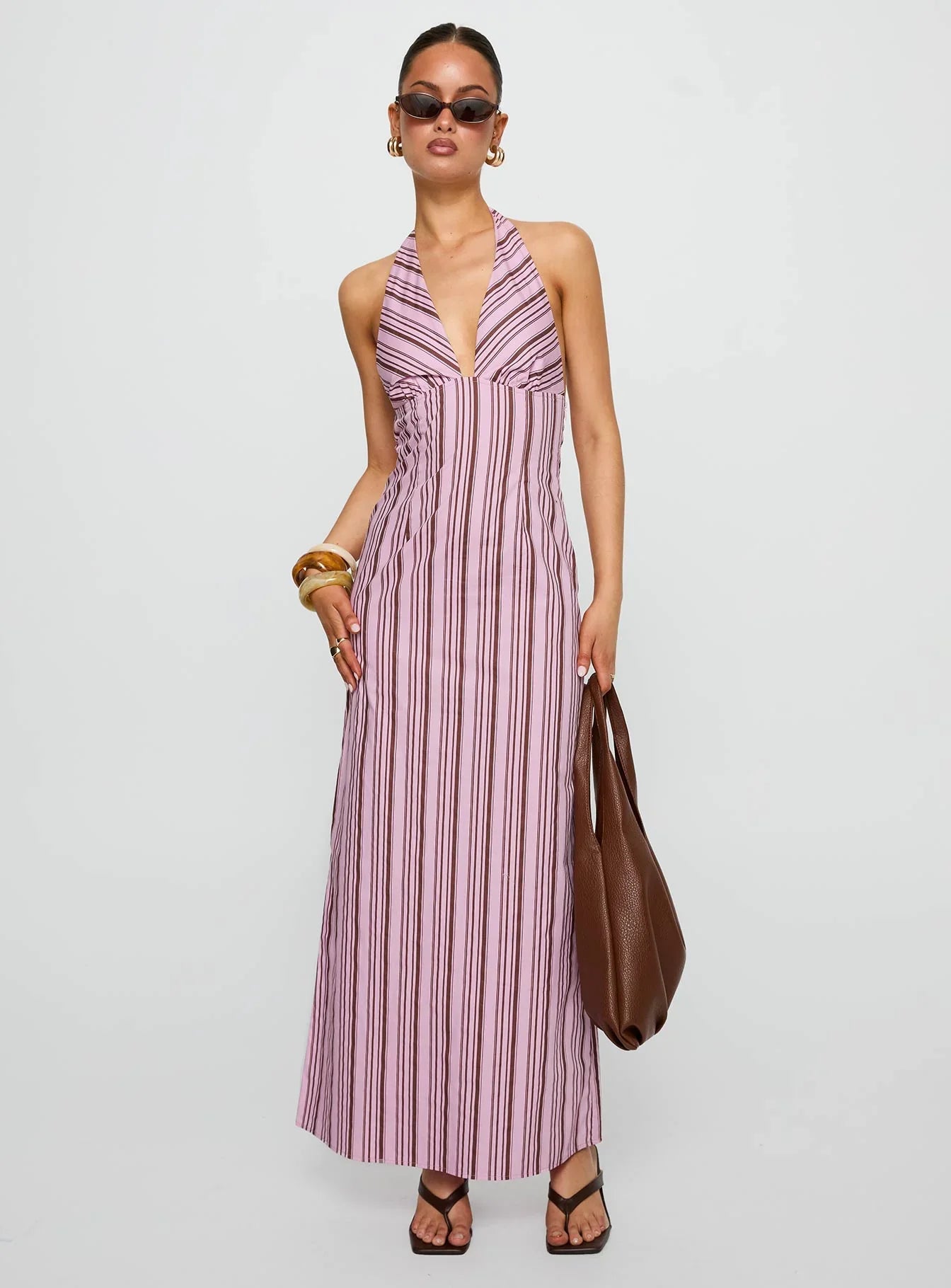 Avrie Halter Maxi Dress Pink Brown Stripe