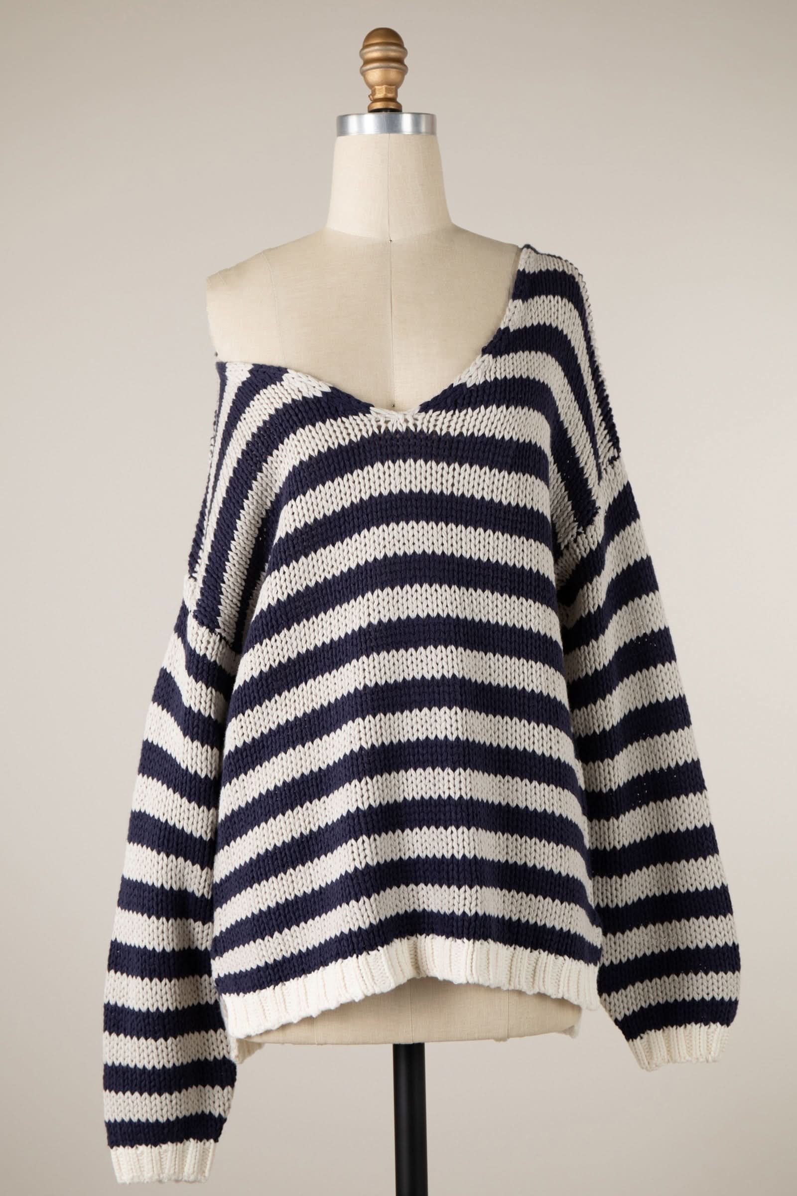 Lia Denim Stripe Oversized V Neck Sweater Top