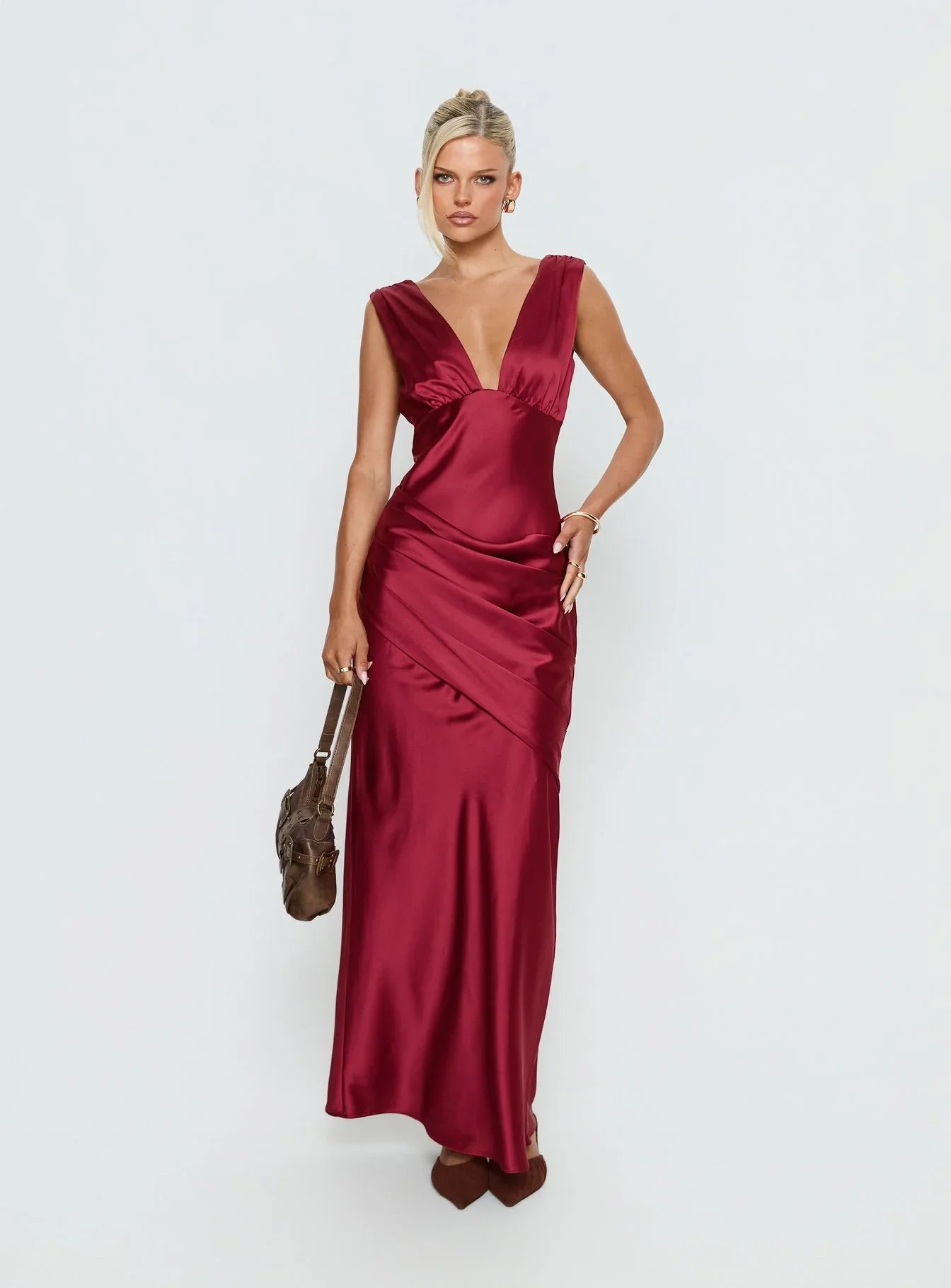 False Alarm Plunge Asymmetrical Pleat Maxi Dress Red