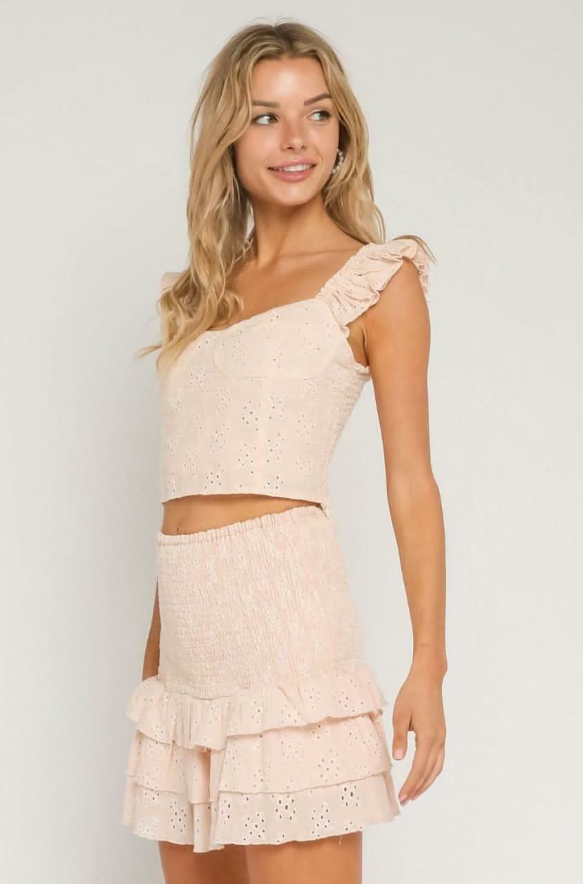 Nina Peach Eyelet Lace Ruffle Two Piece Dress