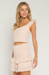 Nina Peach Eyelet Lace Ruffle Two Piece Dress