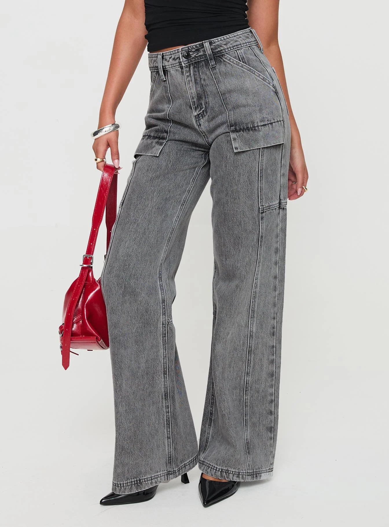 Chad High Rise Flared Cargo Jeans Washed Grey