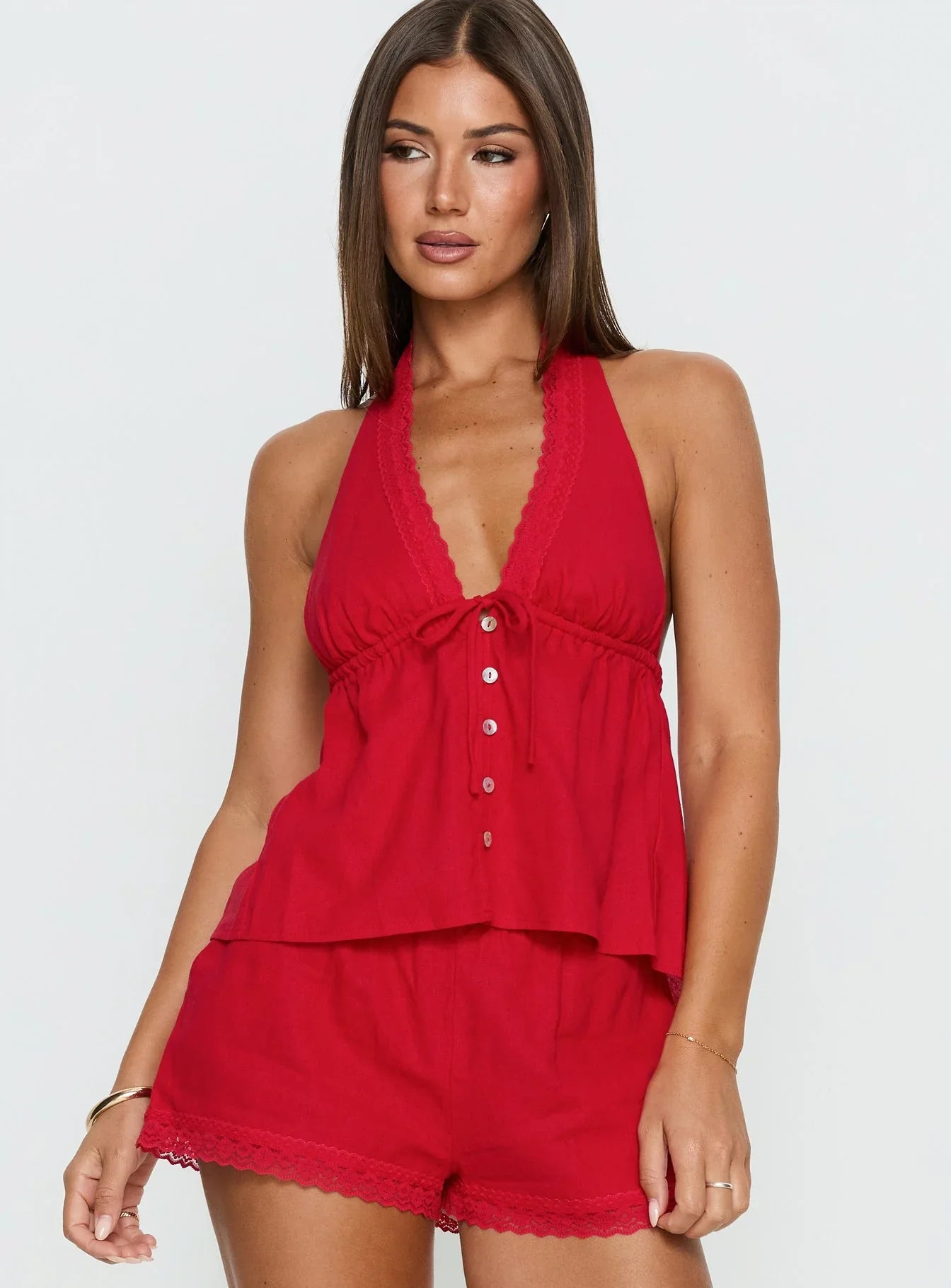 Cloud Crush Linen Halter Top Red