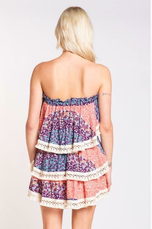 Summer Fields Blue and Blush Floral Print Strapless Two Piece Set