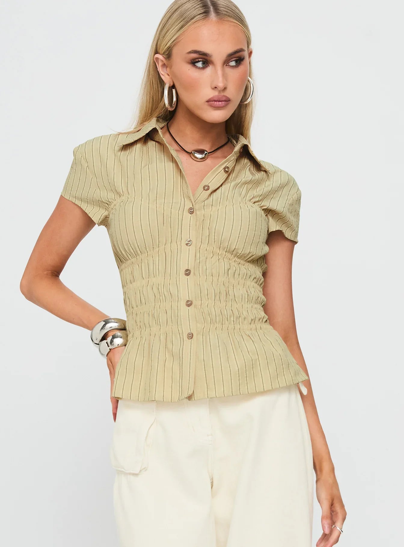 Liesel Shirred Short Sleeve Top Butter Stripe