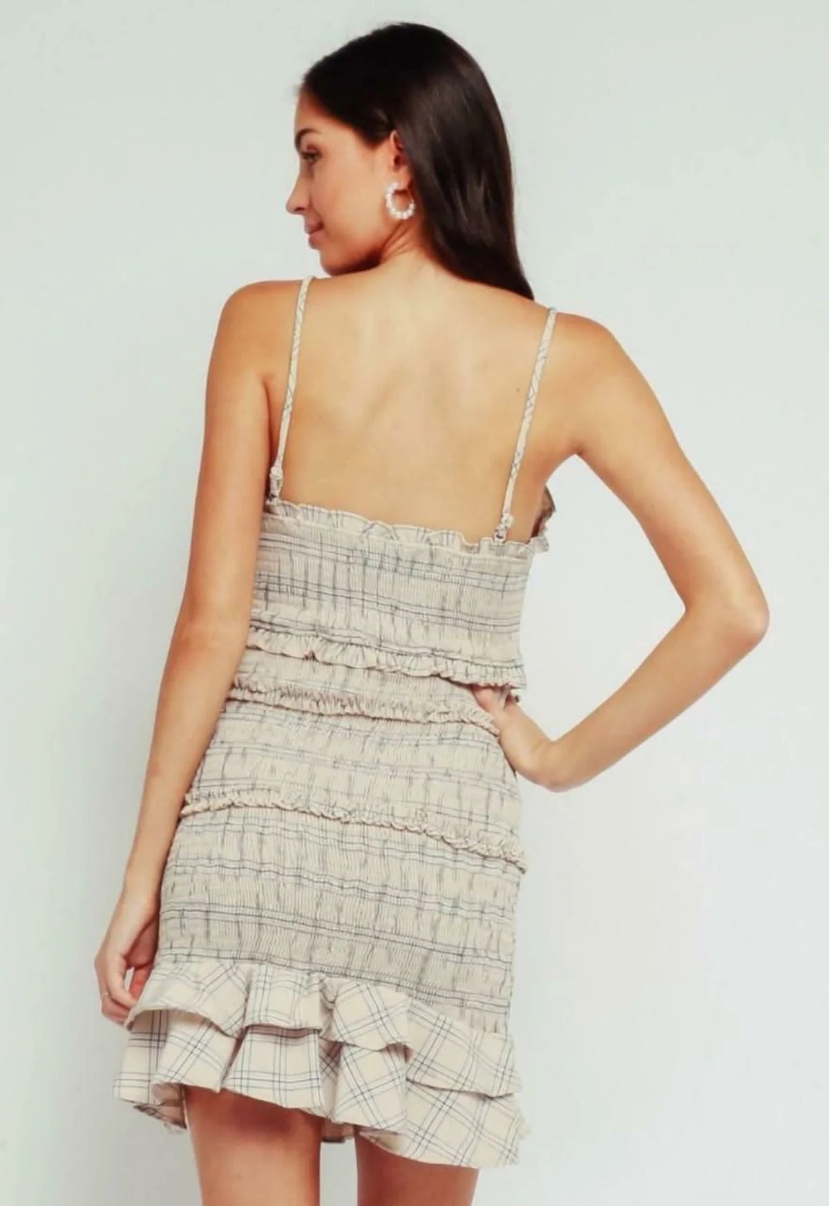 Rhea Cream Plaid Smocked Ruffle Mini Dress