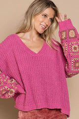 Marsha Pink Crochet Sleeve Sweater