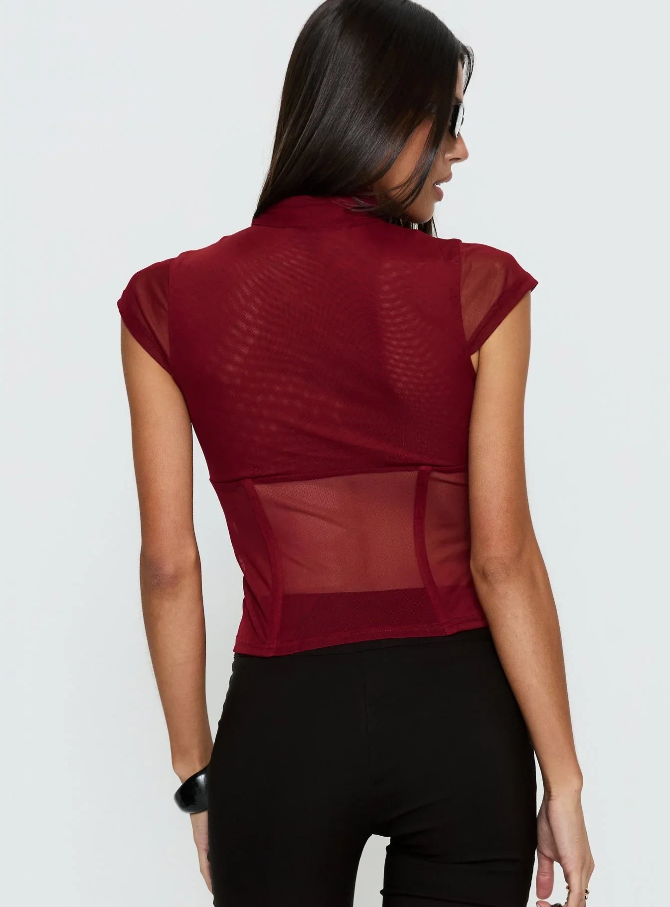 Anistasia Mesh Keyhole Corset Top Burgundy