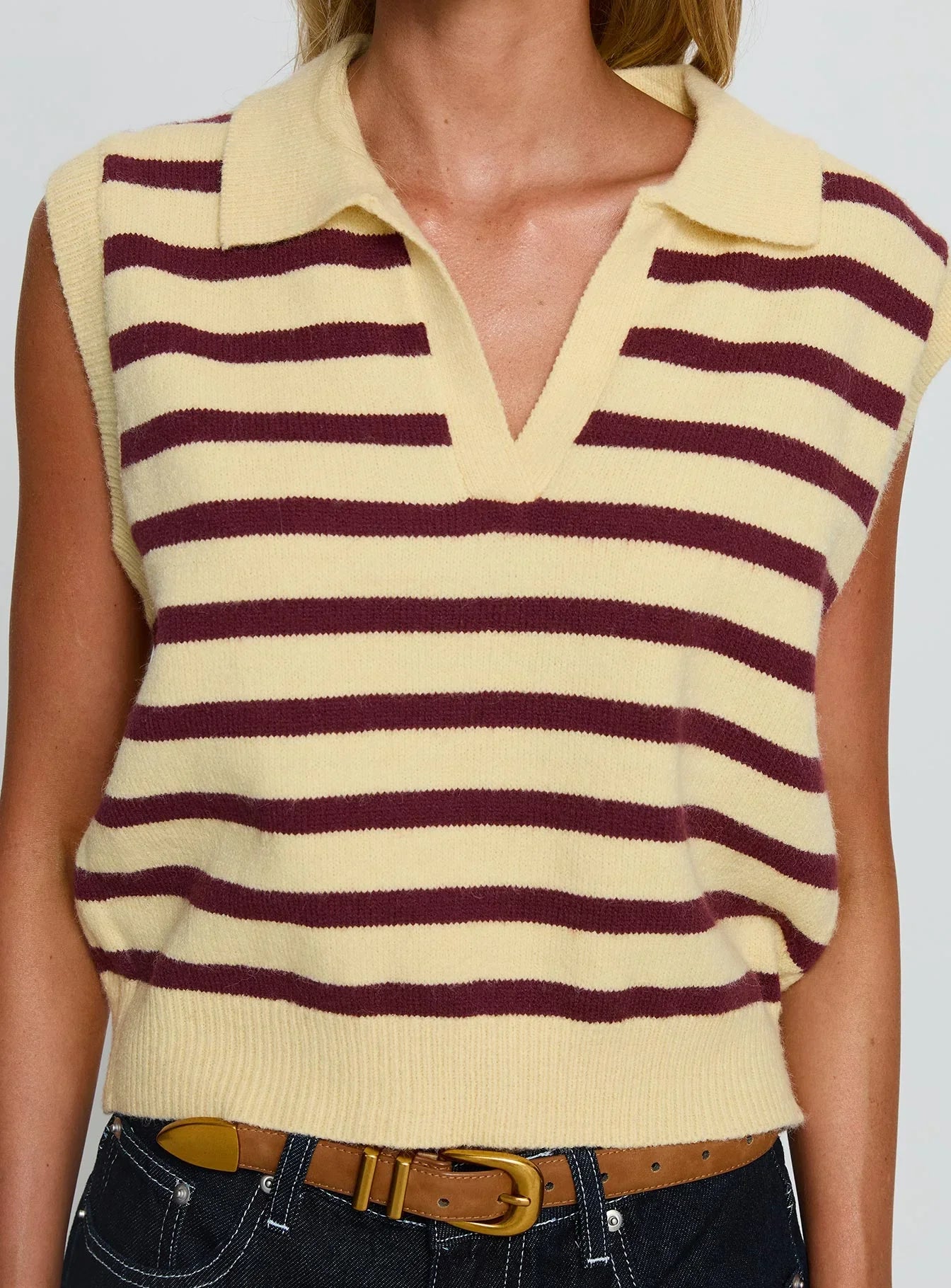 Yuliya Collared Sleeveless Top Lemon Burgundy Stripe