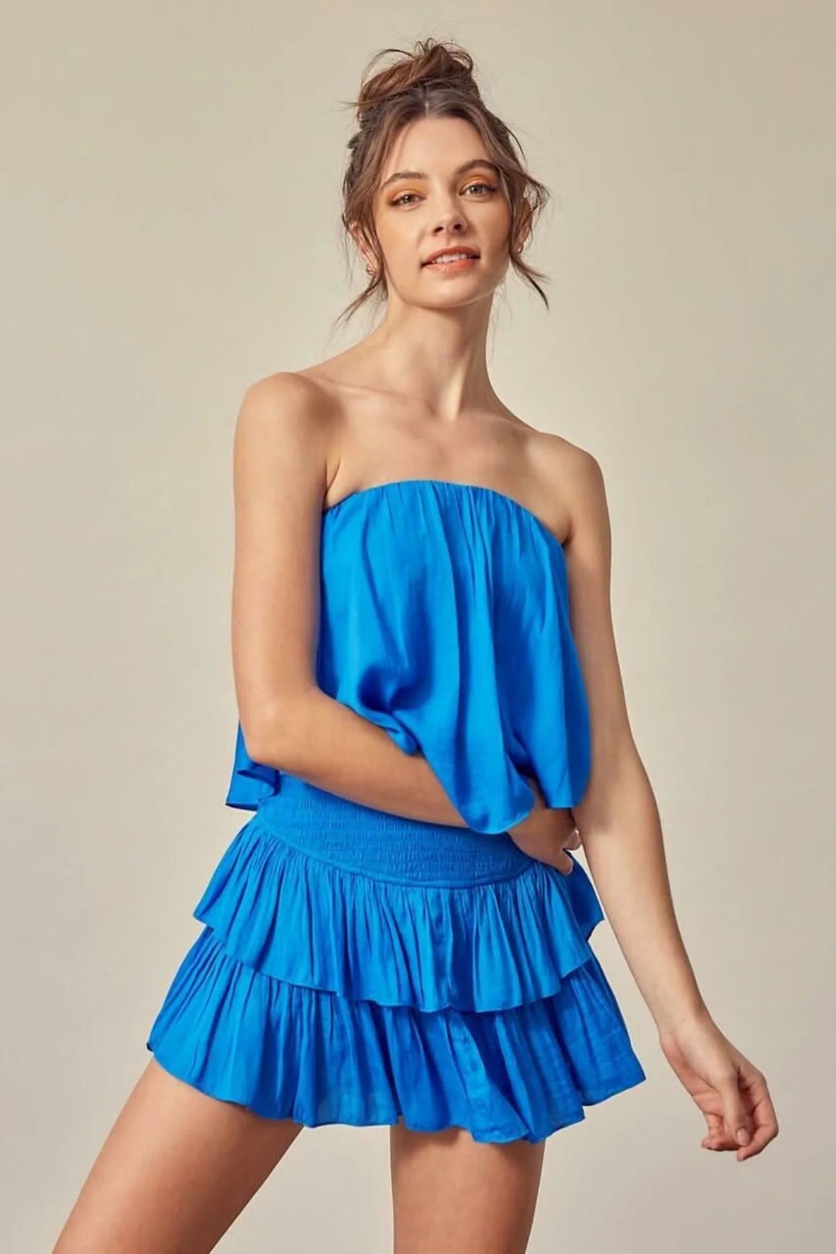 Monaco Paradise Blue Strapless Ruffle Romper