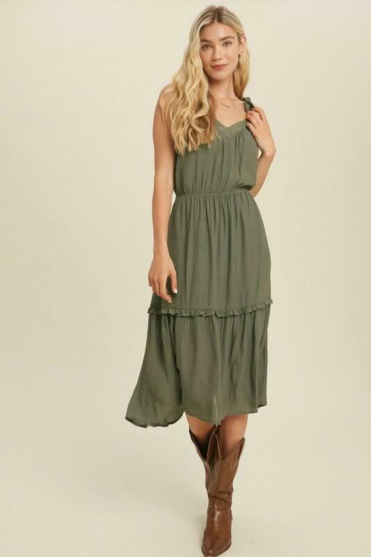 Why Wait Olive Tie Strap Midi Dress