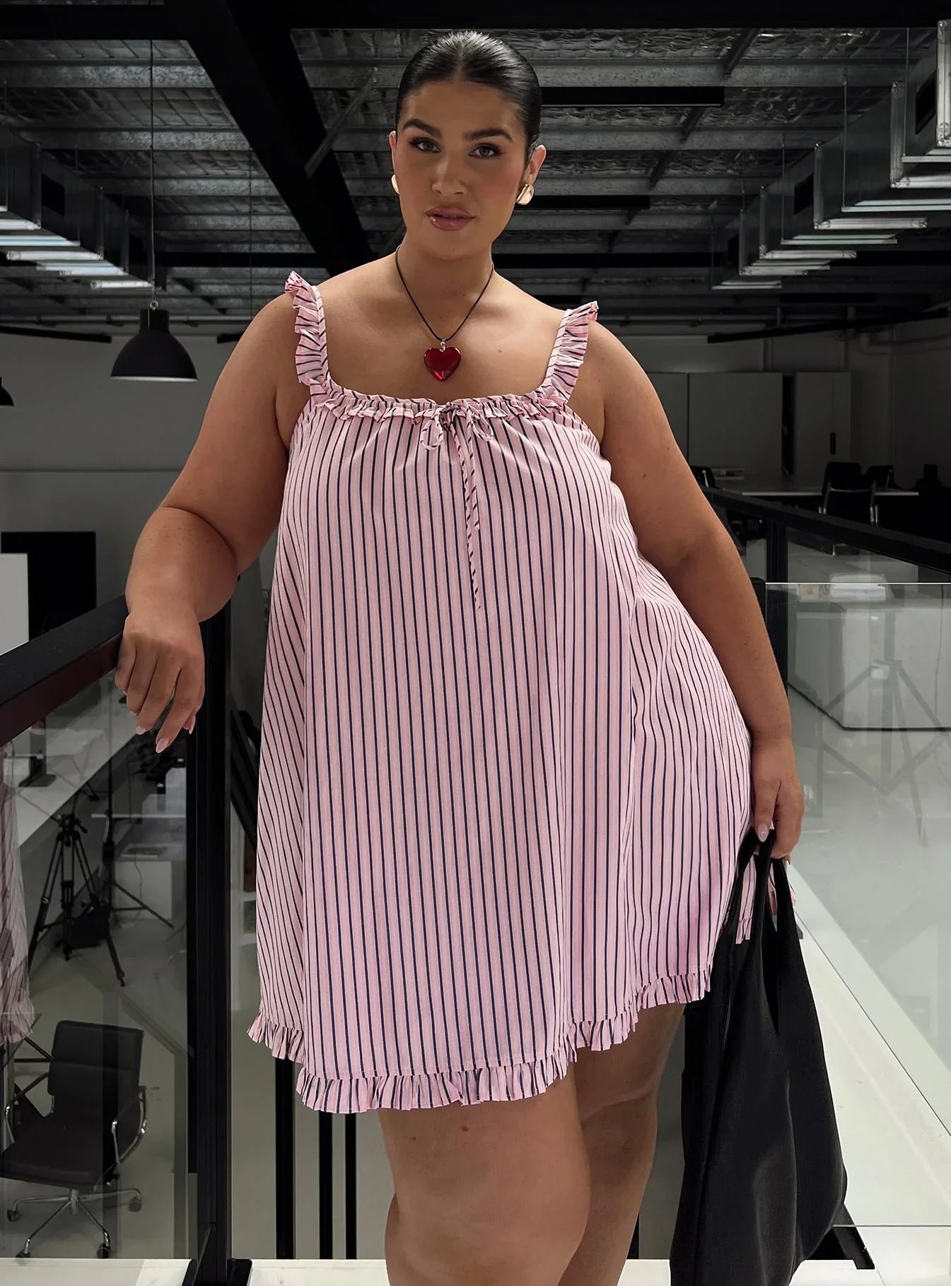 Zalina Babydoll Mini Dress Pink Stripe Curve