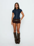 Liyana Denim Zip Up Short Sleeve Shirt Mid Blue