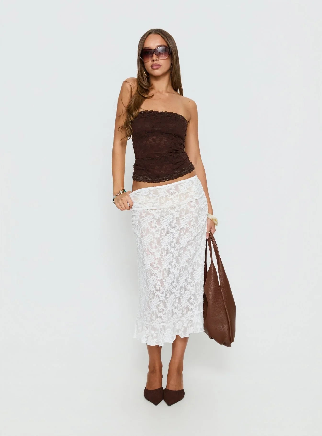 Toscani Lace Frill Midi Skirt White
