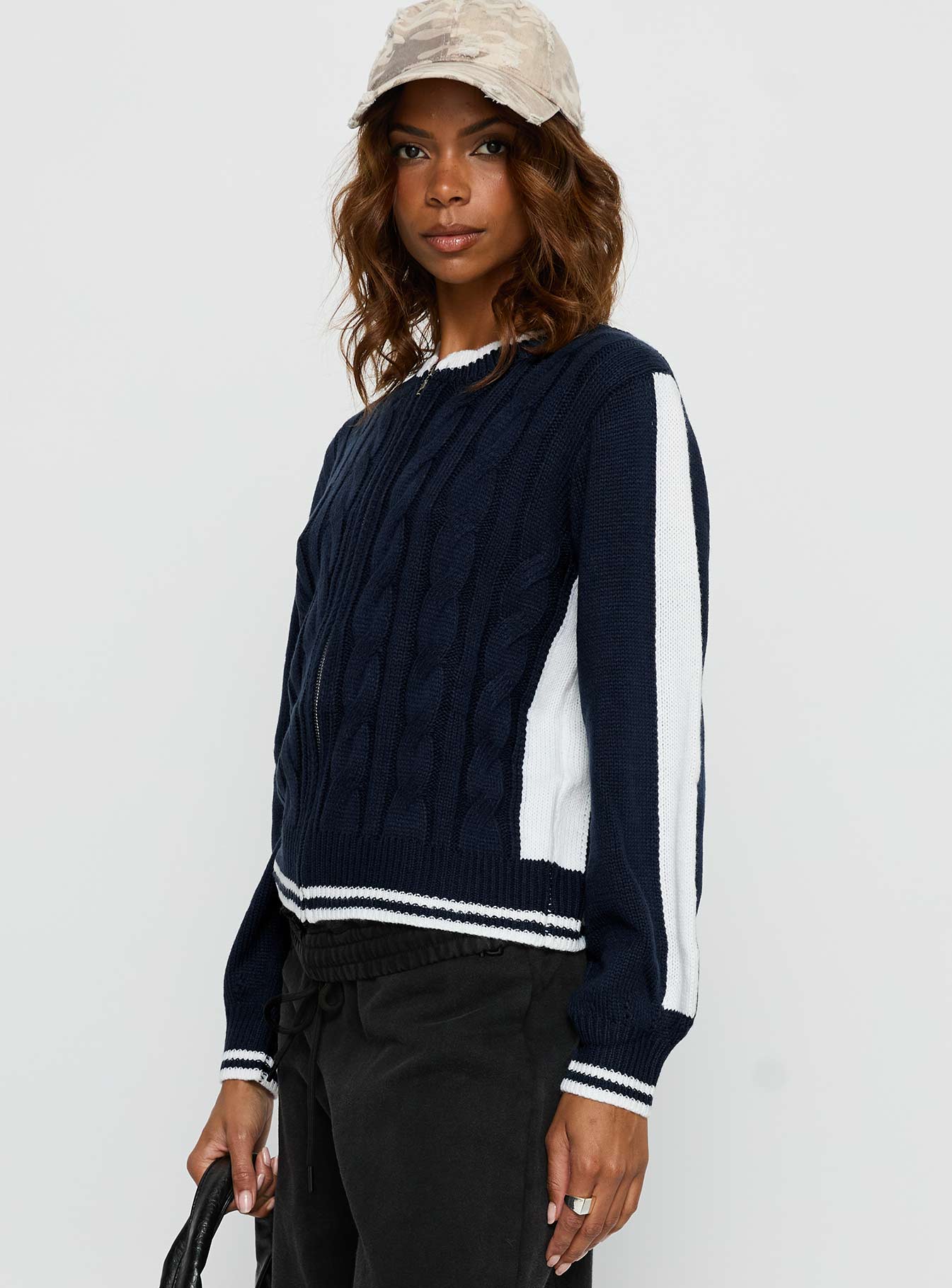 Tevyn Cable Knit Zip Through Knit Sweater Blue Cream
