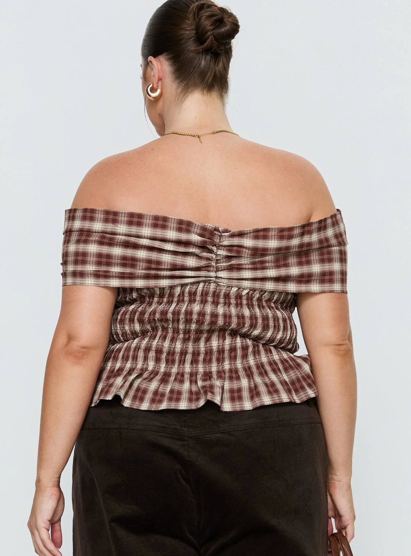 Avalynn Off Shoulder Shirred Top Brown Check Curve