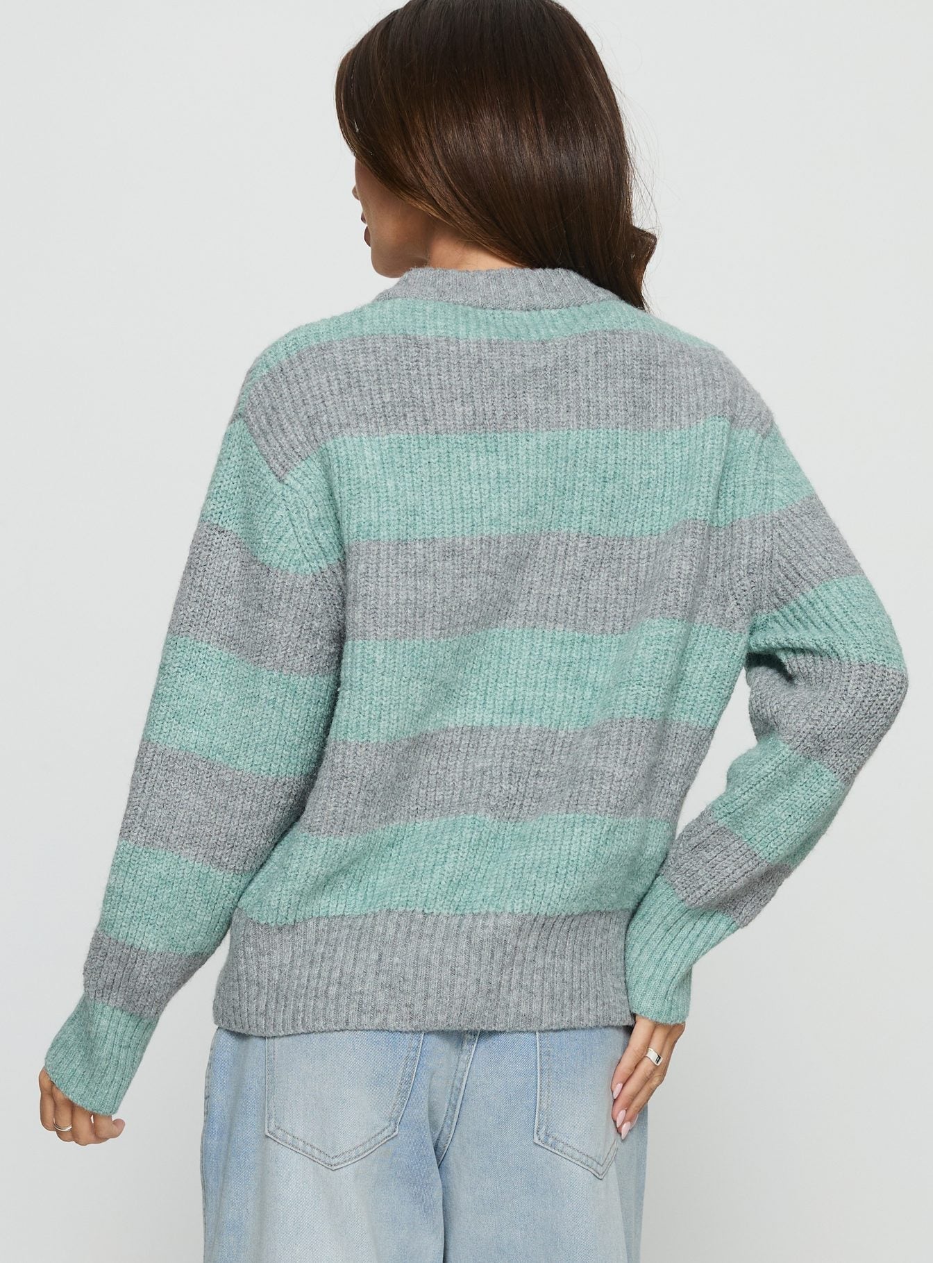 Queena Zip Through Knit Sweater Grey Blue Stripe