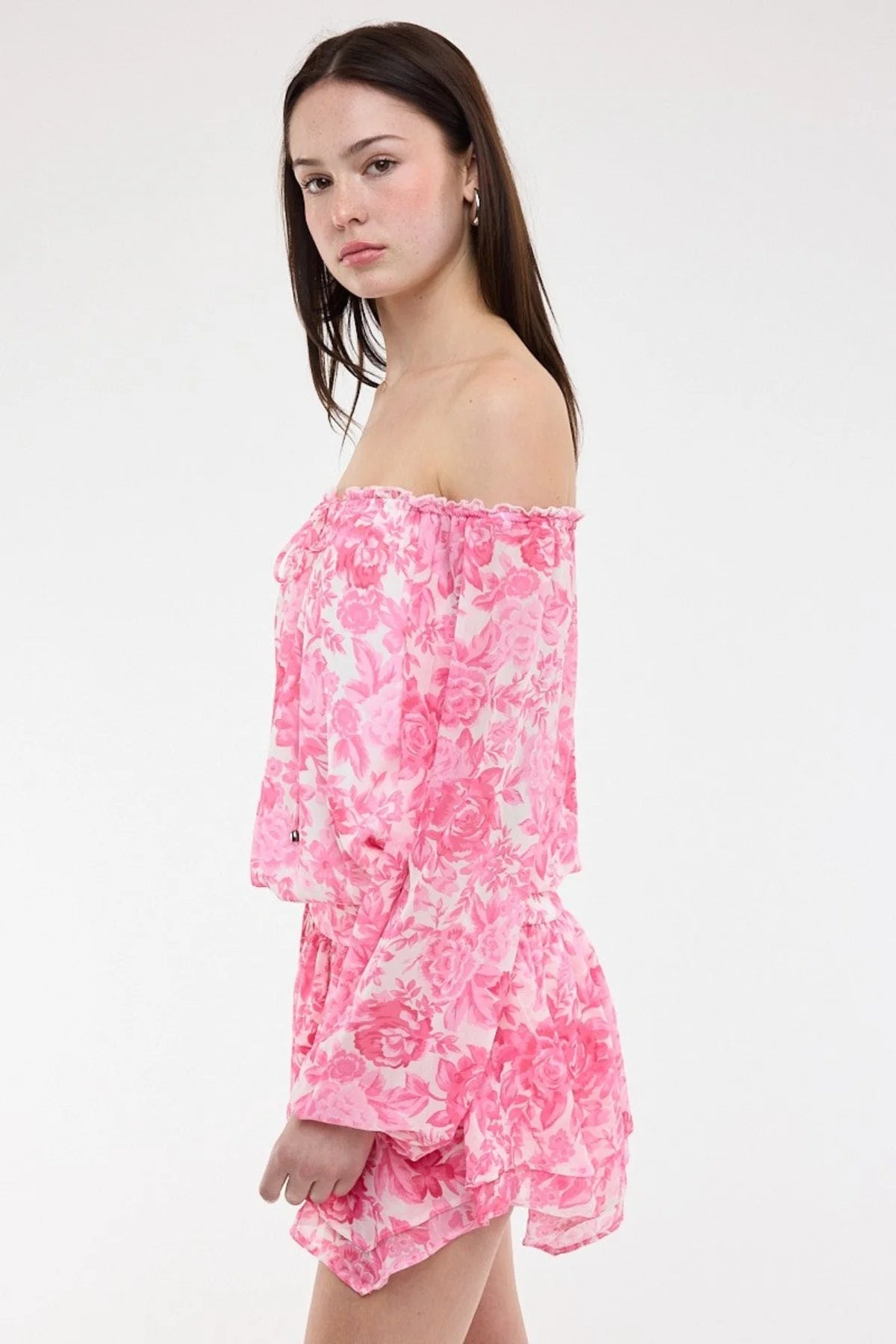Pixie Pink Floral Off The Shoulder Romper Dress