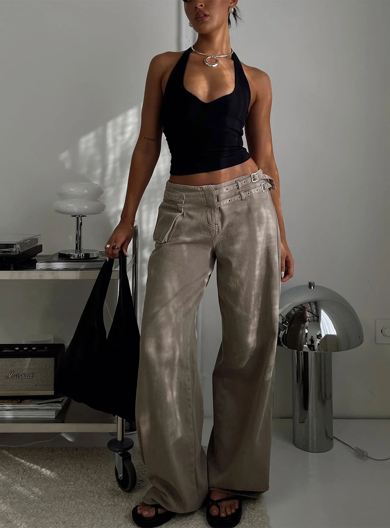 Paltrow Mid Rise Wide Leg Cargo Jeans Washed Brown Petite