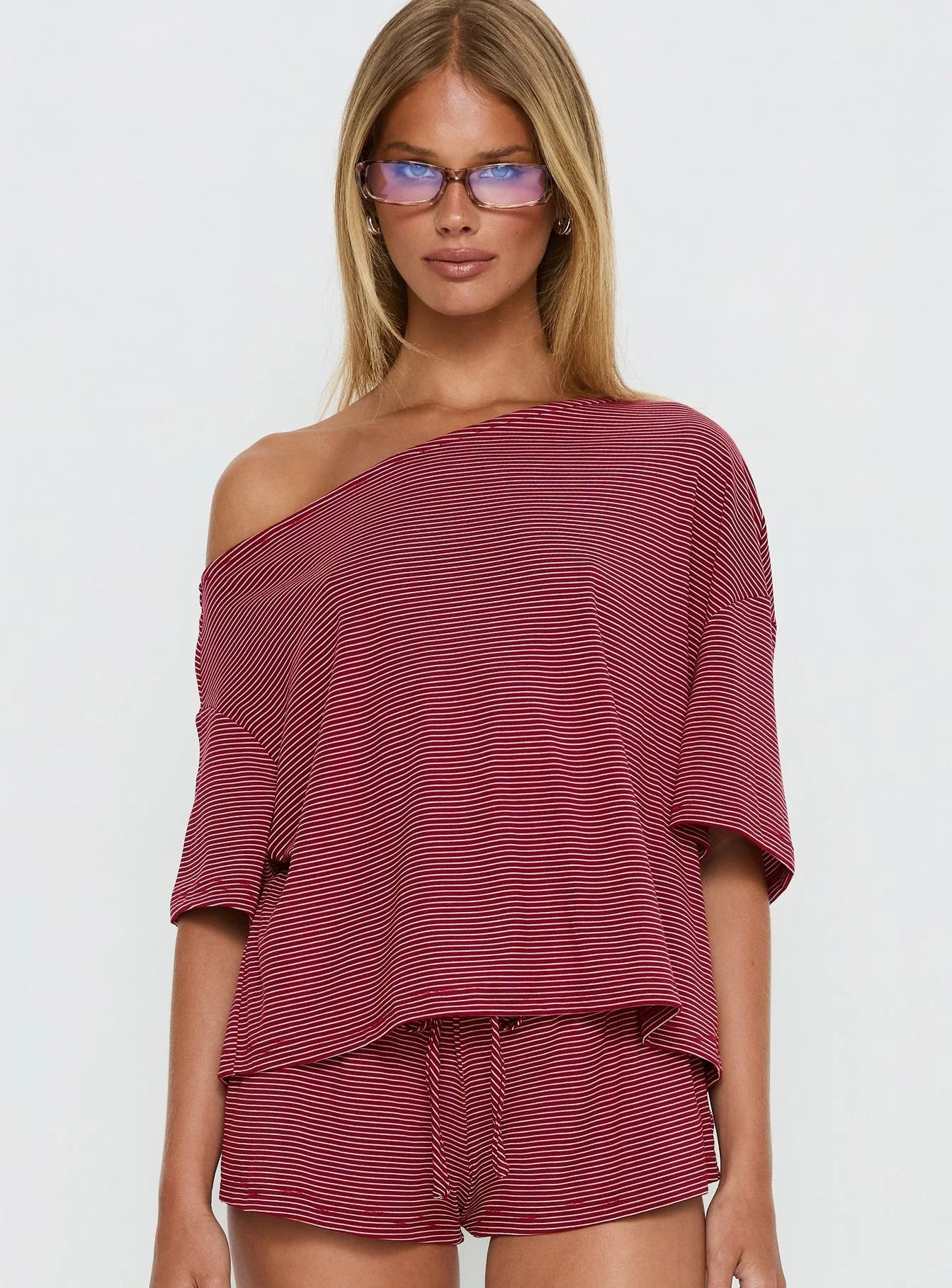Sugar Surge Off Shoulder Sleep Top Cherry Stripe