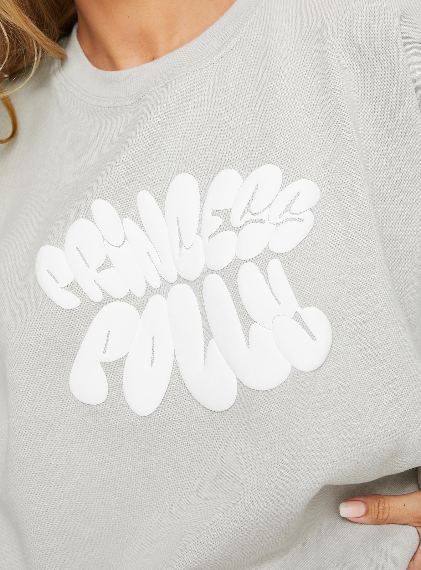 Princess Polly Crew Neck Sweatshirt Bubble Text Grey Cloud White