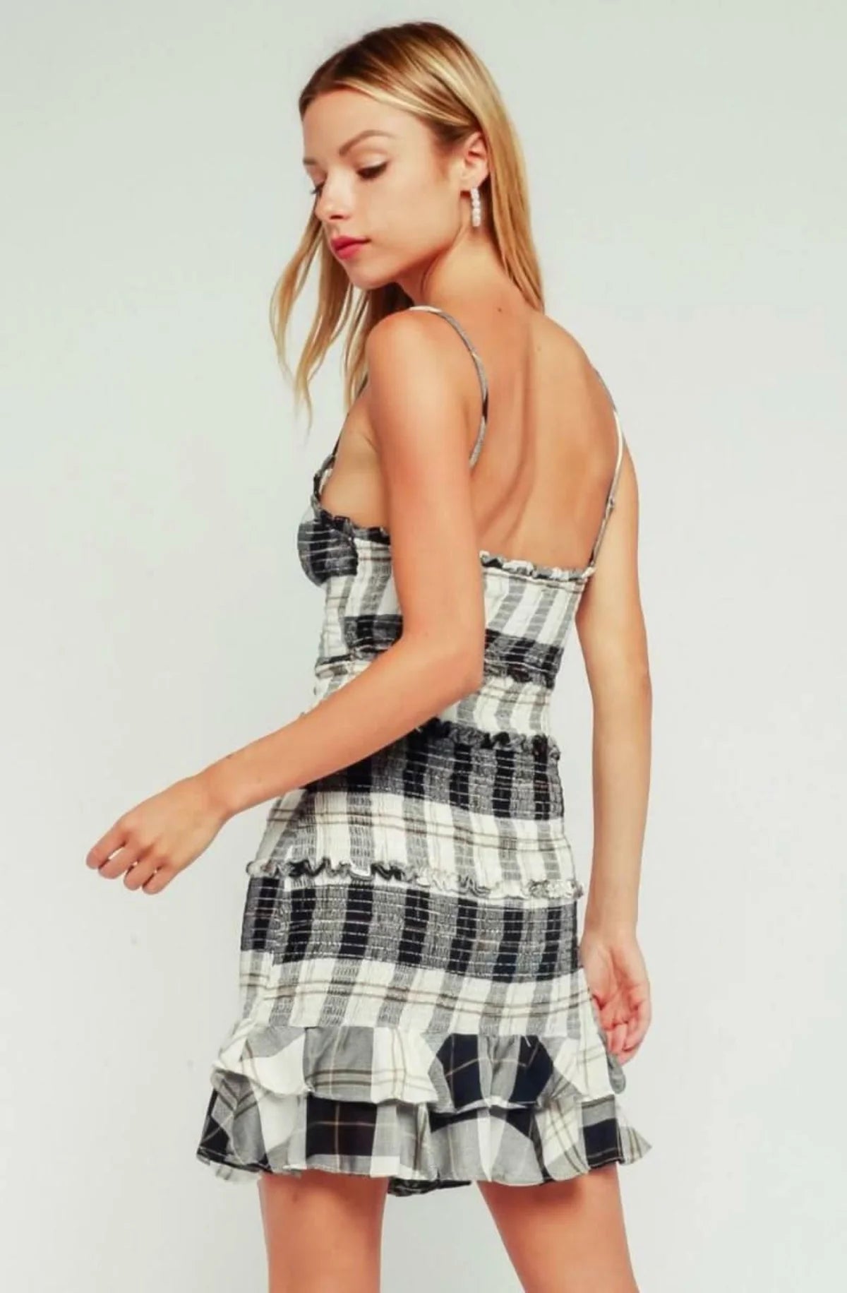 Rhea Black and Cream Plaid Print Smocked Ruffle Mini Dress